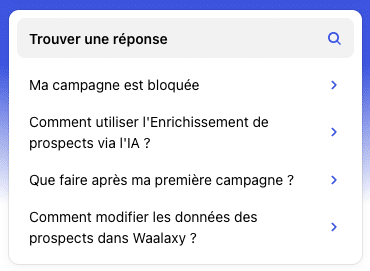 Chatbot de l'outil Waalaxy pour trouver une réponse rapide à certaines questions