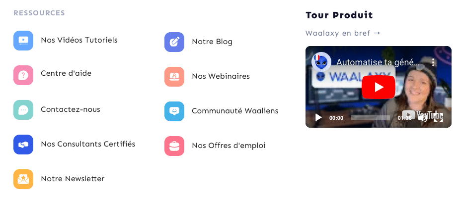 Menu des ressources de contenu sur la landing page de Waalaxy