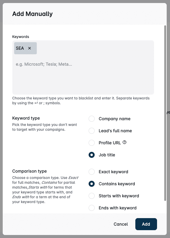 Window for blacklisting a lead from a Leadin campaign