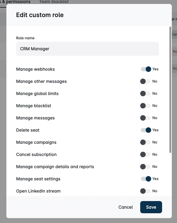 Window for customizing the actions of each team member on Leadin