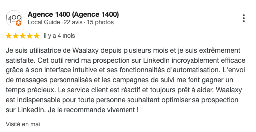 avis google 5 étoiles laissé par un utilisateur sur Waalaxy