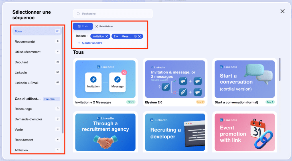 Interface de choix des séquences d'action de Waalaxy