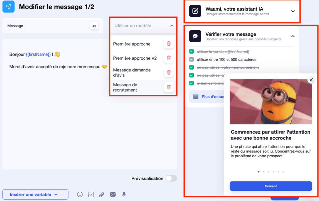 Interface depuis laquelle l'utilisateur rédige les messages de sa campagne