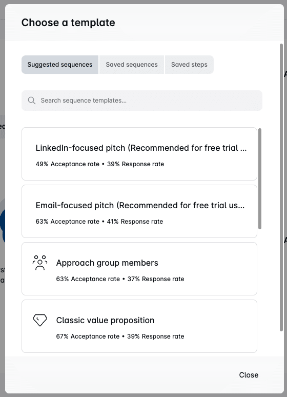 Fenêtre permettant de choisir une séquence d'actions pré-construite sur Leadin