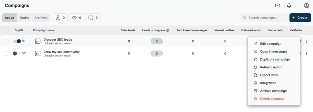 Interface de gestion des campagnes en cours sur Leadin