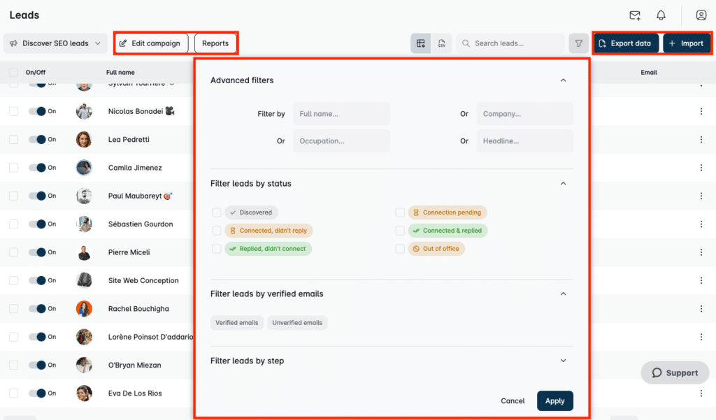 Interface de gestion des prospects liés à une campagne sur Leadin