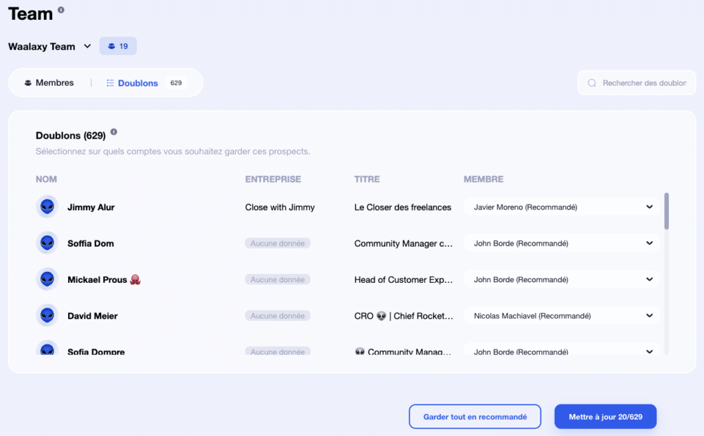 Interface qui permet de nettoyer les prospects en doublon dans les listes des autres membres d'une équipe sur Waalaxy