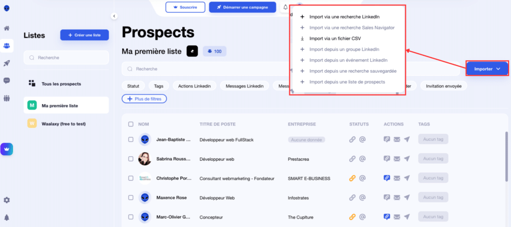 Interface de gestions des prospects et différents moyens de les importer sur Waalaxy