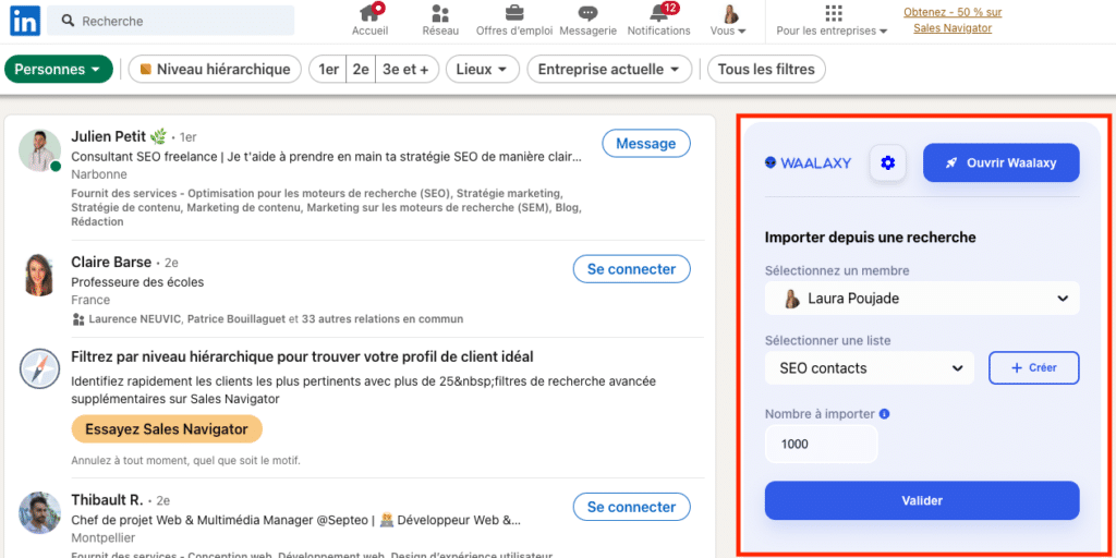 Interface de recherche Linkedin avec encarts pour importer des prospects sur Waalaxy