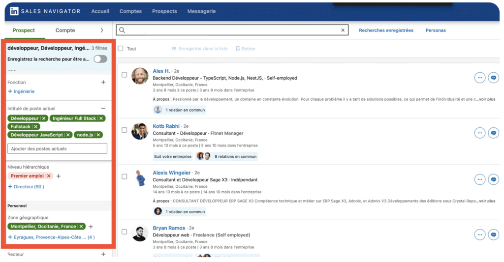 Exemple de recherche dans LinkedIn Sales navigator.
