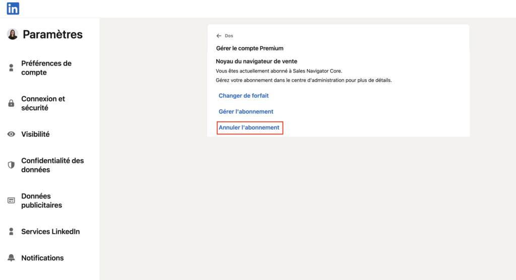 Annuler l'abonnement Sales Navigator.