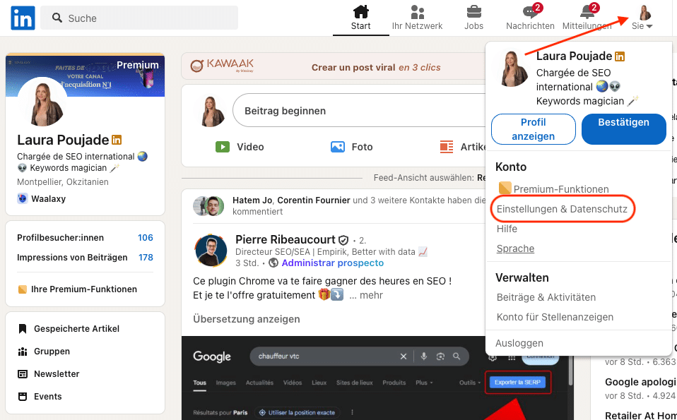 Auswahl der Einstellungen und Datenschutz im LinkedIn-Menü
