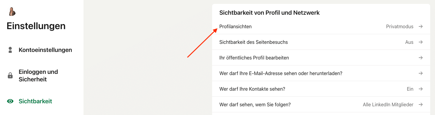 Auswahl der Profilansichtsoptionen in den LinkedIn-Einstellungen