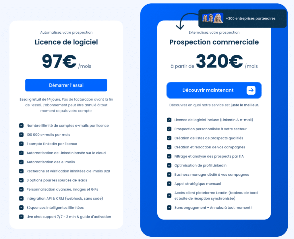 tarifs des 2 abonnements Leadin