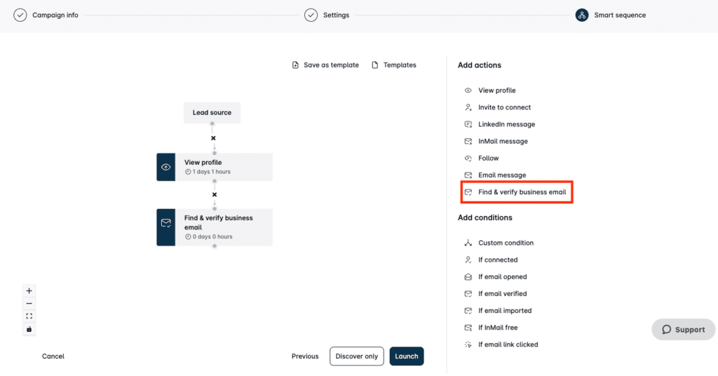 Sequence creation interface for creating an email finder campaign