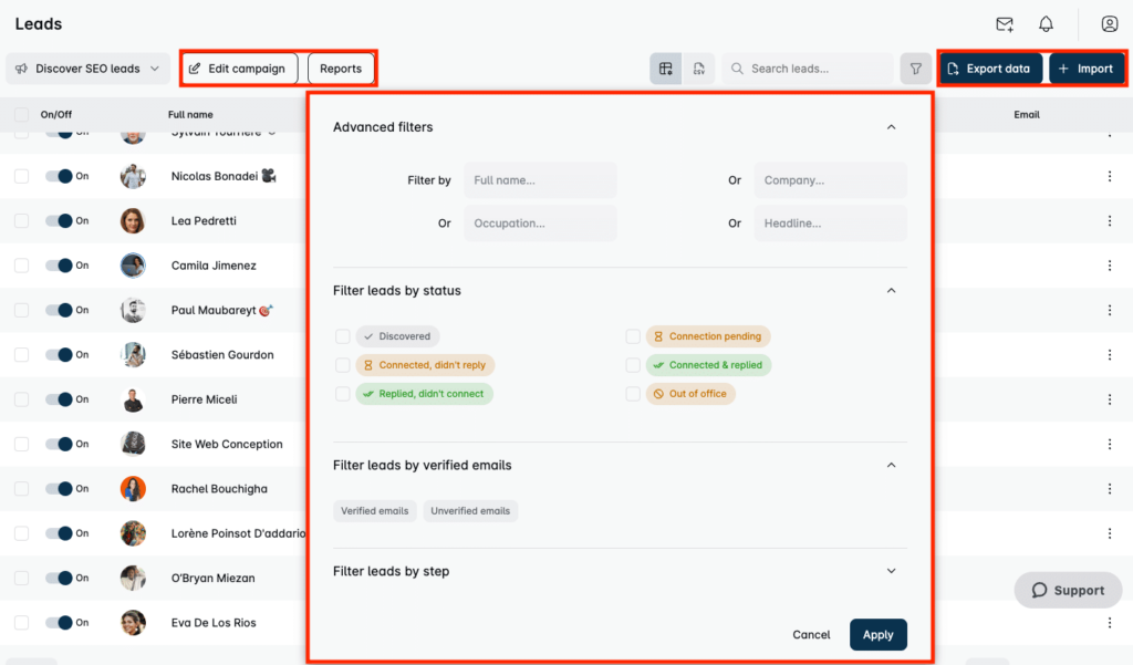 Interface for managing leads linked to a Leadin campaign