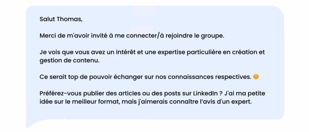 Mensagem de agradecimento do LinkedIn depois de aceitar um pedido de ligação ou um convite.