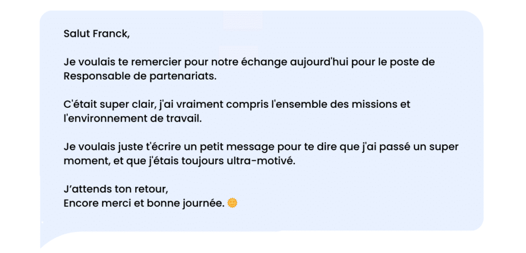 Mensagem de agradecimento do LinkedIn após uma entrevista de emprego: exemplo 1.