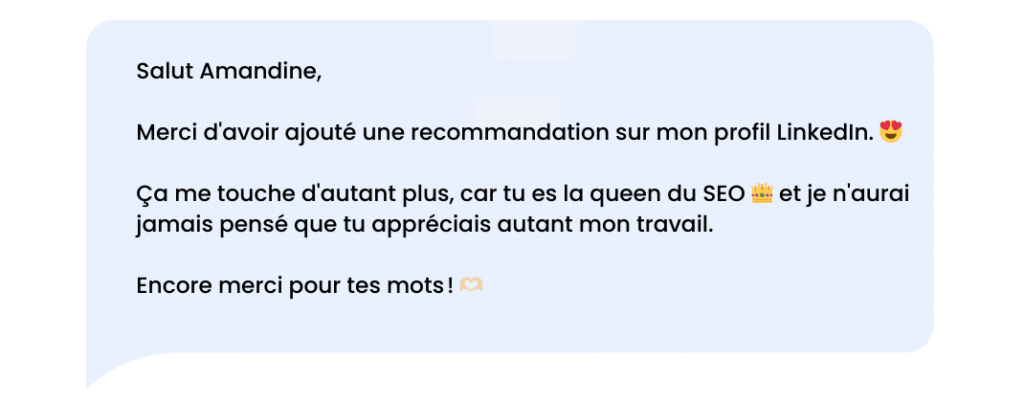 Mensagem de agradecimento no LinkedIn após receber uma recomendação ou felicitações.