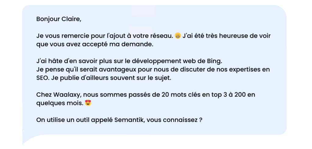 Message de remerciement LinkedIn après acceptation d'une invitation envoyée.