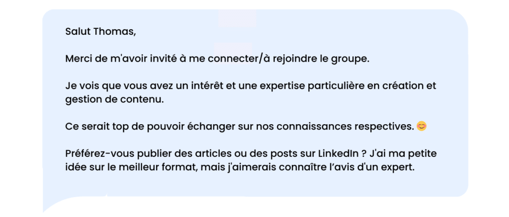 Message de remerciement LinkedIn après acceptation d'une demande de connexion ou invitation.