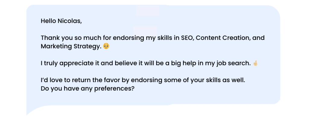 LinkedIn thank-you message after a skills endorsement