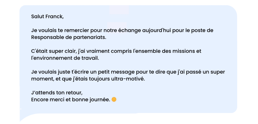 Message de remerciement LinkedIn après un entretien d'embauche : exemple 1.