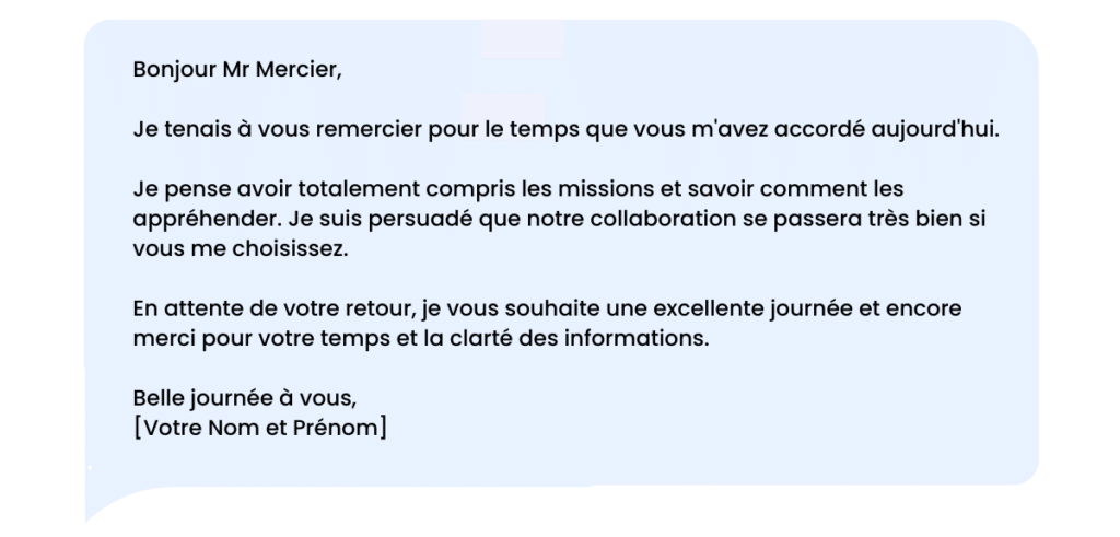 Message de remerciement LinkedIn après un entretien d'embauche : exemple 2.