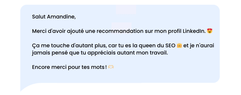 Message de remerciement LinkedIn après avoir reçu une recommandation ou des félications.