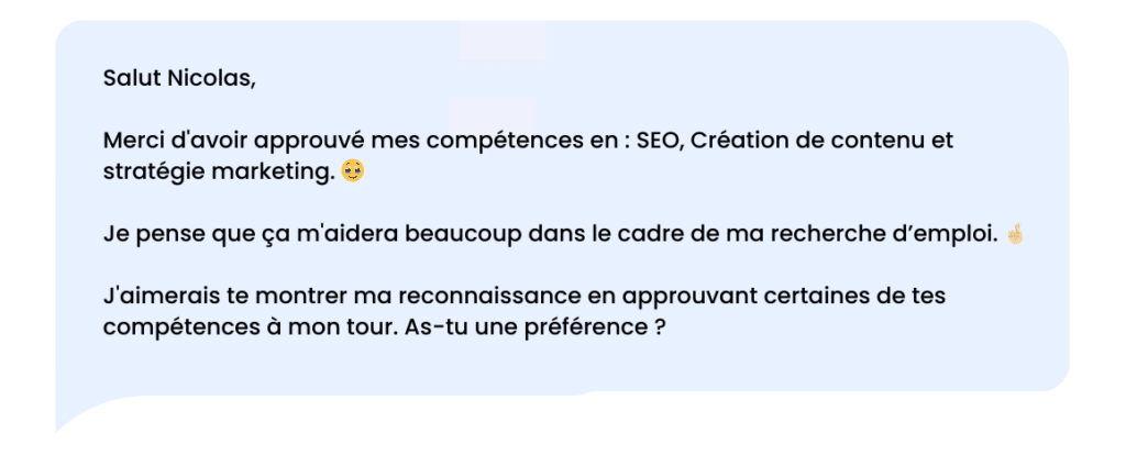 Message de remerciement LinkedIn après une approbation de compétences.