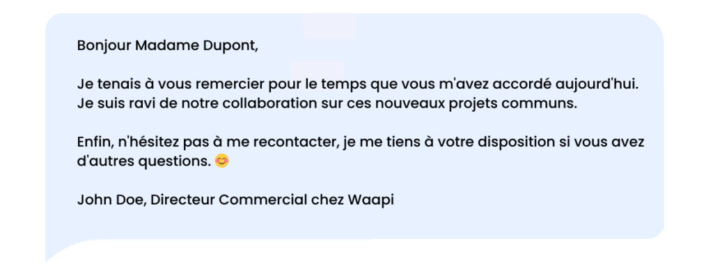 Message de remerciement LinkedIn après une réunion client.