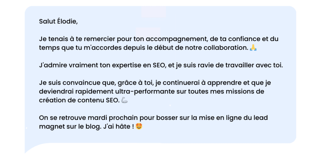 Message de remerciement LinkedIn : après l'accompagnement de votre manager ou coach.