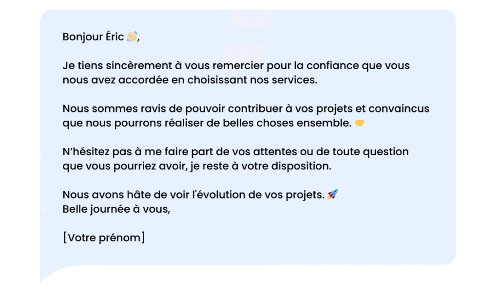 Message de remerciement LinkedIn après avoir converti un nouveau prospect.