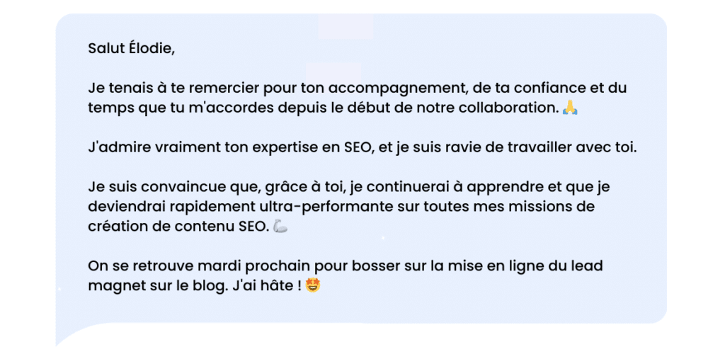 LinkedIn thank-you message: after the support of your manager or coach.