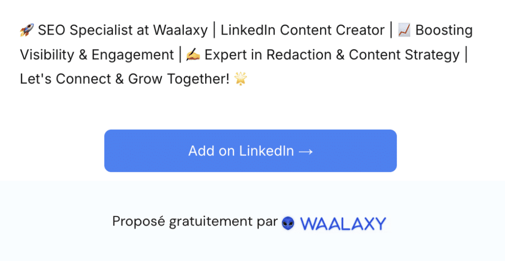 Exemplos de resultados de títulos de perfil optimizados com o gerador de títulos do LinkedIn da Waalaxy.