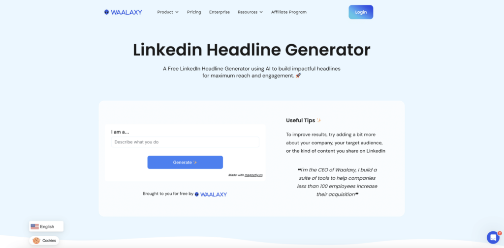 Waalaxy's LinkedIn Headline Generator para otimizar o título do perfil.