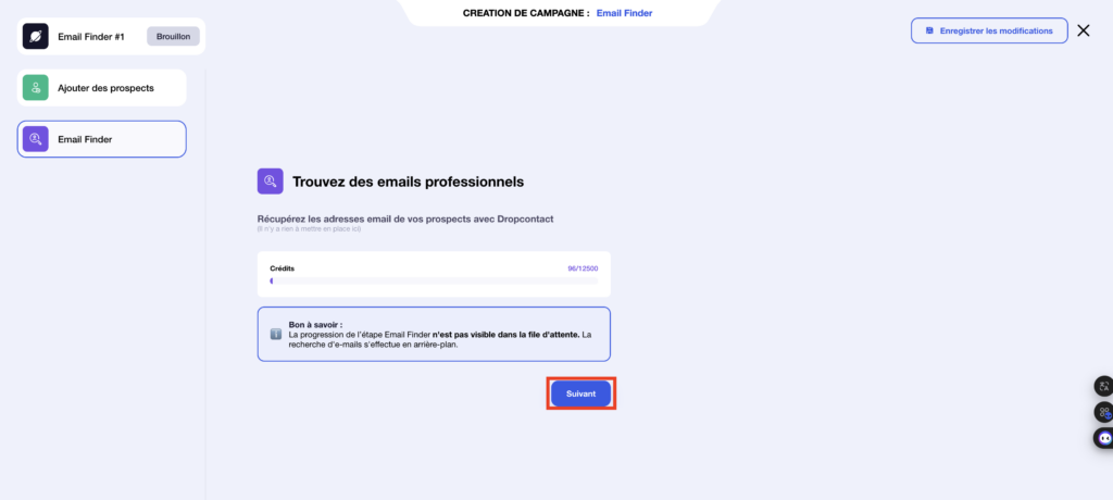 Passaggio Email Finder di Waalaxy con il pulsante "Avanti" evidenziato
