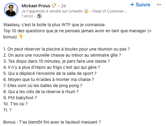 post Linkedin Miackel Prous sur les avantages de travailler chez Waalaxy