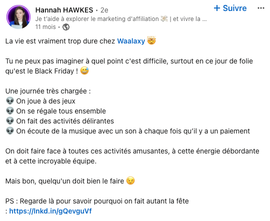 post Linkedin Hannah Hawkes sur les avantages de travailler chez Waalaxy