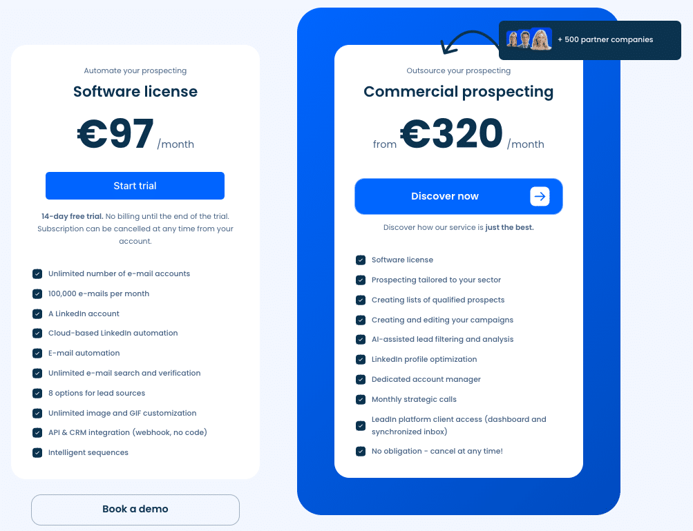 Prijzen voor de 2 soorten abonnementen op Leadin