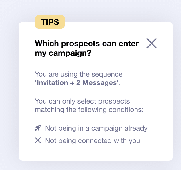 Tip window given to the user when creating a campaign on Waalaxy