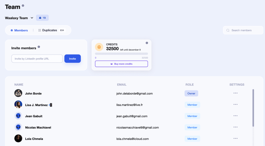 Waalaxy team prospecting management interface