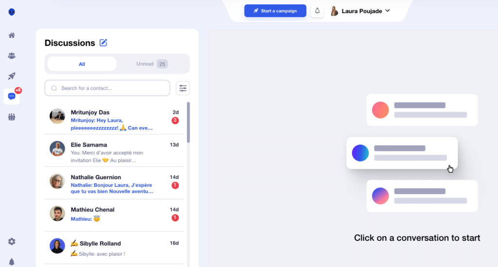 Linkedin email management interface internalized on Waalaxy