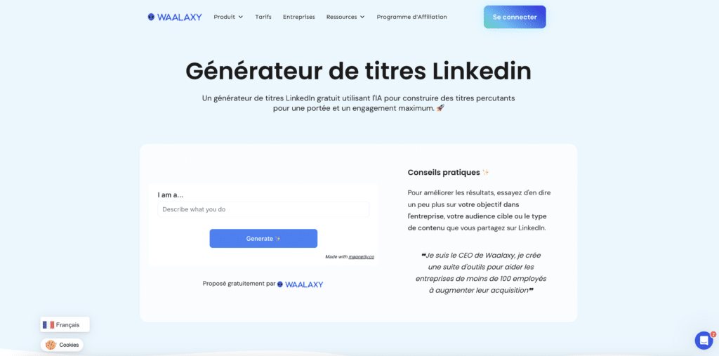 LinkedIn Headline Generator de Waalaxy pour optimiser le titre du profil.