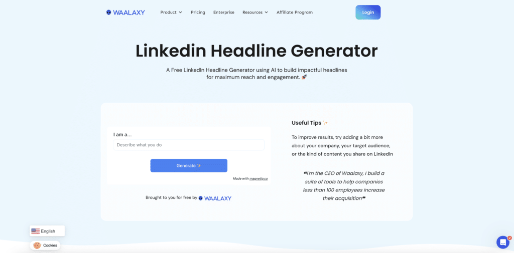 Waalaxy's LinkedIn Headline Generator to optimize the profile title.