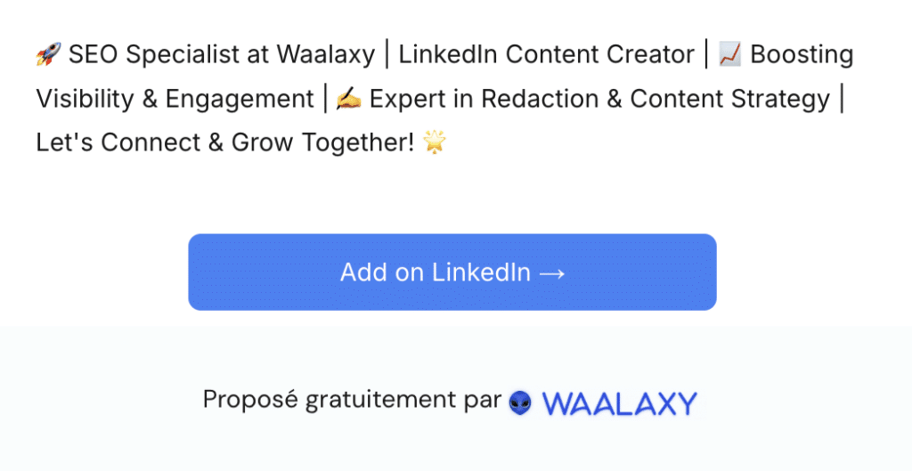 Exemples de résultats de titre du profil optimisé avec le LinkedIn Headline Generator avec Waalaxy.