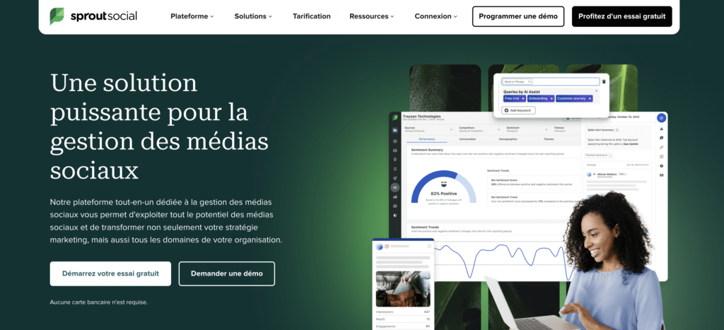 Planification et analyse intelligente de posts avec Sprout Social.