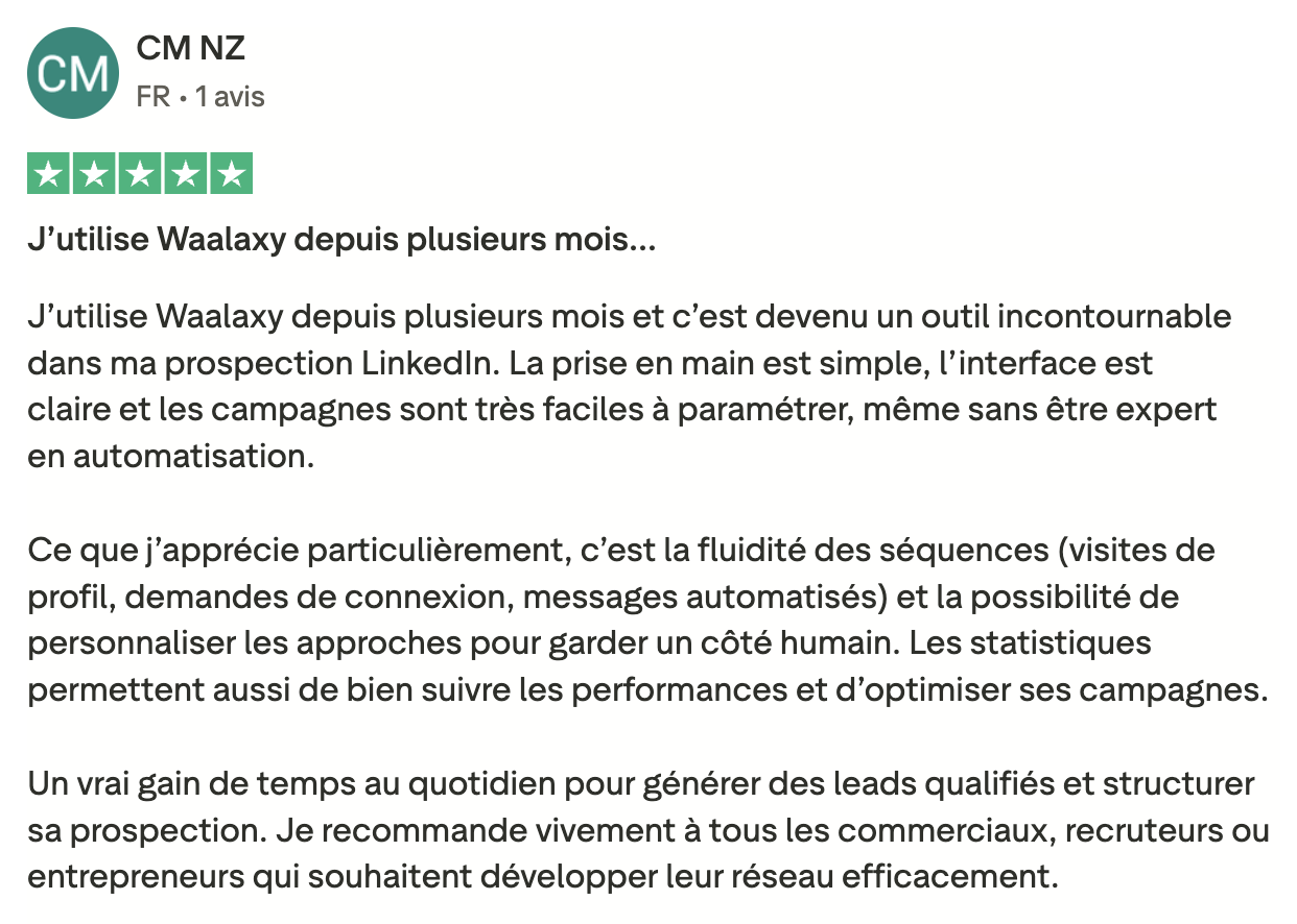 avis trustpilot 5 étoiles laissé par un utilisateur sur Waalaxy