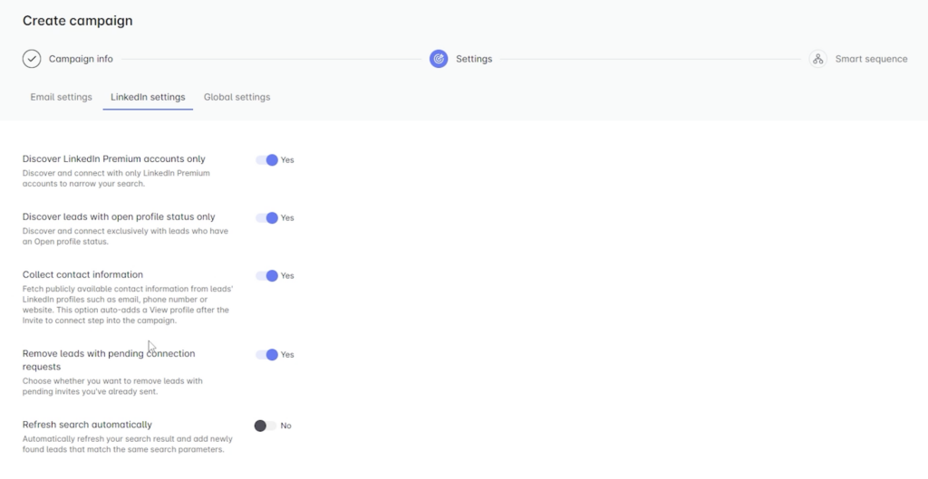 LeadIn campaign settings