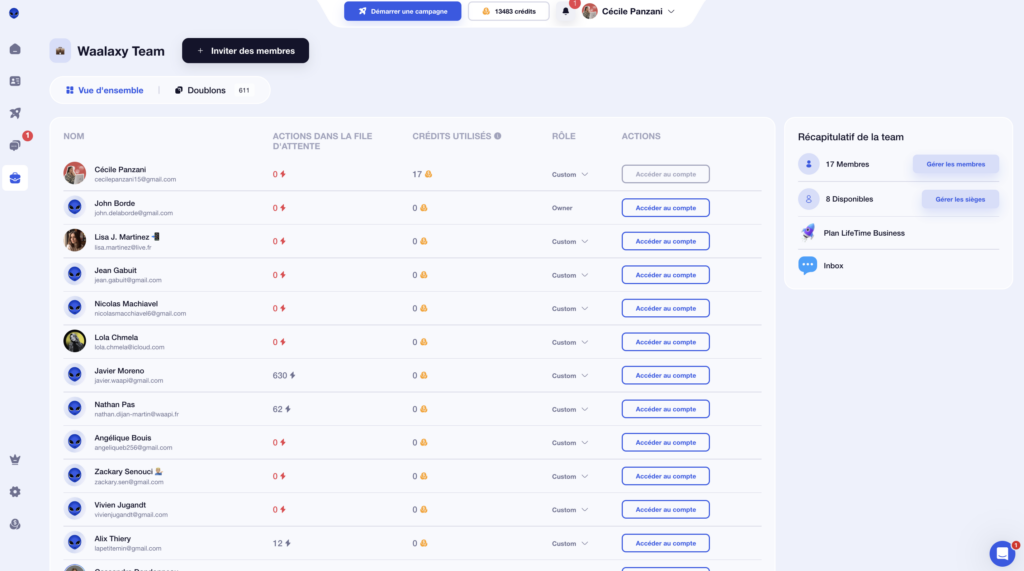 Waalaxy team interface